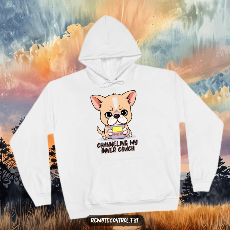 Funny dog hoodie depicting a determined dog intently focused on the small, glowing screen of a remote control.