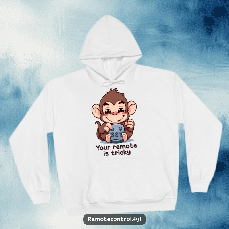 Funny monkey hoodie depicting a mischievous monkey pretending to be a remote control, with a wide, cheeky grin.