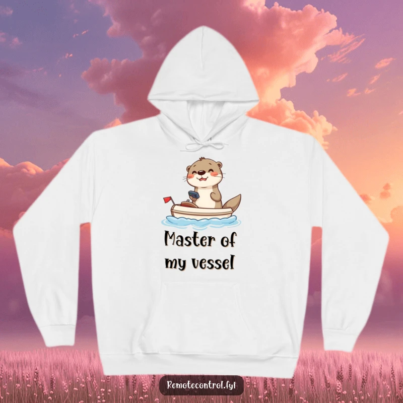 Funny otter hoodie showing a joyful otter steering a toy boat with a remote, a humorous and cozy garment.