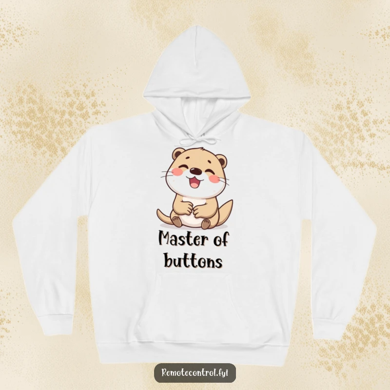 Funny hoodie with a delighted otter character intensely and happily tapping many buttons on a keyboard with both paws.