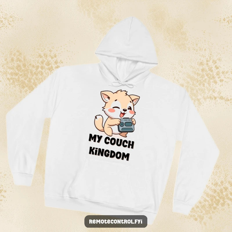 Funny hoodie with a playful animal character aiming a remote control with a silly face, perfect for cozy entertainment sessions.