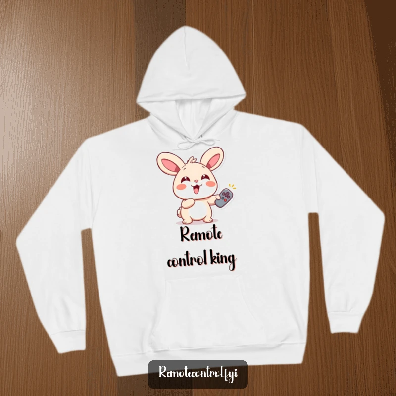 Funny Rabbit Remote Hoodie featuring a giggling rabbit with wide eyes, pointing a remote enthusiastically, designed for warmth and cheer.