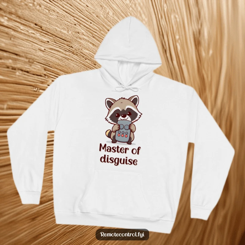Funny Raccoon Hoodie: Mischievous raccoon hiding behind a TV remote, grinning mischievously, ideal for cozy nights in.