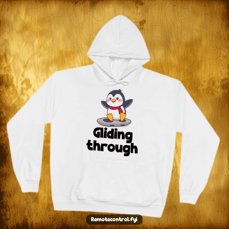 Funny determined penguin surfing on a remote control like a surfboard. Warm and funny hoodie.