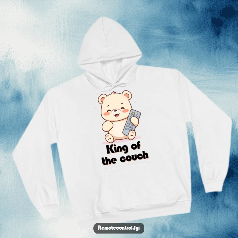 Funny bear cub hoodie: a happy, button-mashing cub with a remote, radiating pure screen enjoyment, perfect for lazy days.