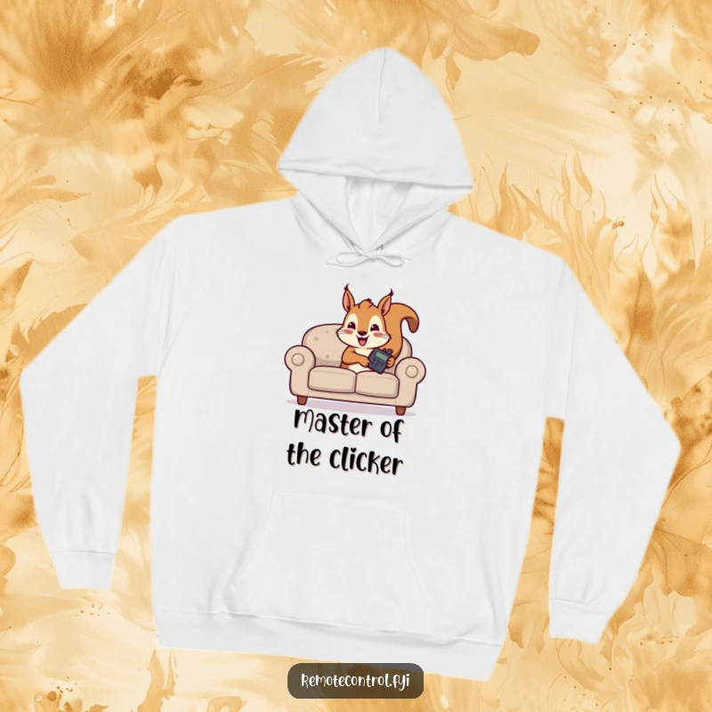 Funny hoodie showcases a mischievous squirrel hiding behind a sofa, remote in paw, ready for a binge-watch.