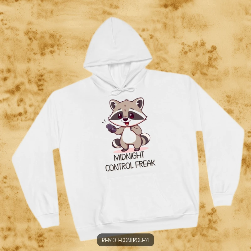Funny raccoon character trying to abscond with a TV remote on a hoodie, representing a humorous and sly take on remote control.
