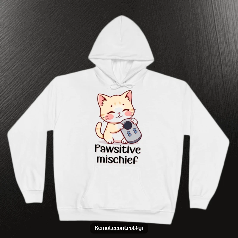 Funny Kawaii Cat Hoodie depicting a cute cat playfully batting at a button on a remote control, perfect for cozy moments.