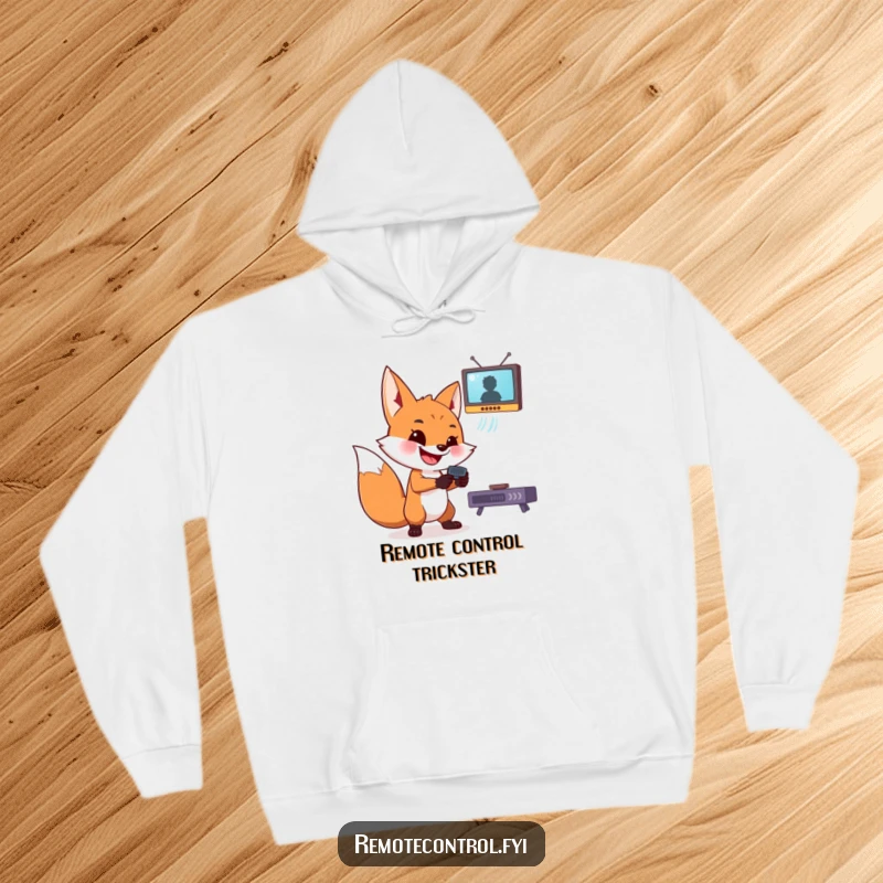 Funny fox hoodie featuring a sly fox aiming a remote control at a floating television, exuding playful control.