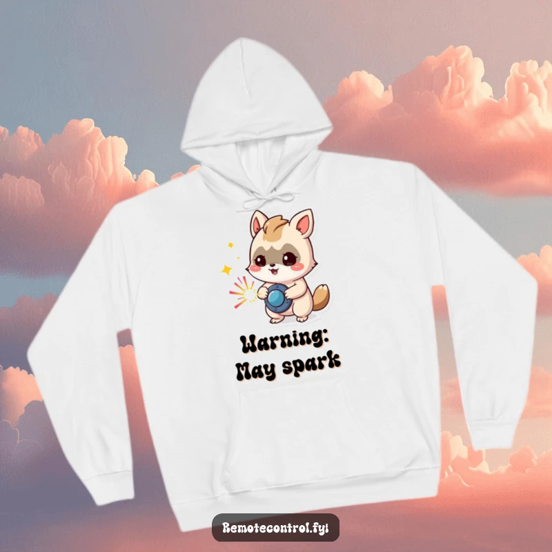 Funny hoodie with a mischievous animal character pressing a button that explodes with colorful sparks, perfect for a cozy night in.