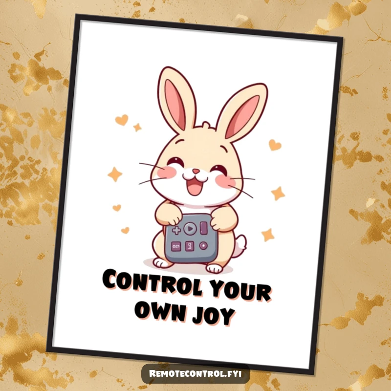 Funny Free Printable Wall Art: Cheerful rabbit pressing multiple buttons on a remote with immense energy and focus.