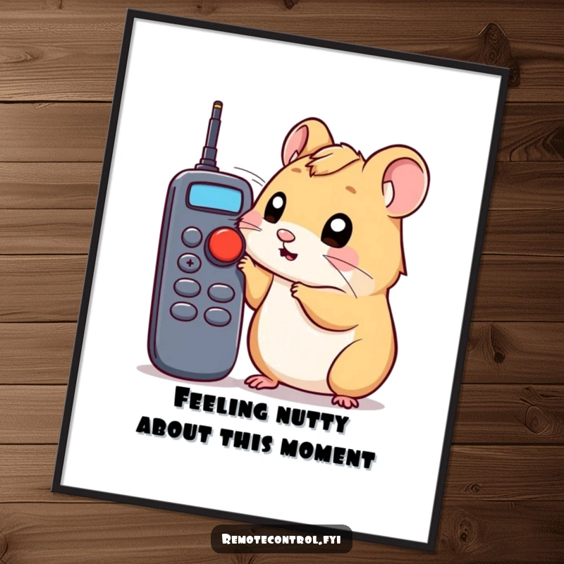 Funny Free Printable Hamster Wall Art: Curious hamster poking a remote control button with its nose, exploring.