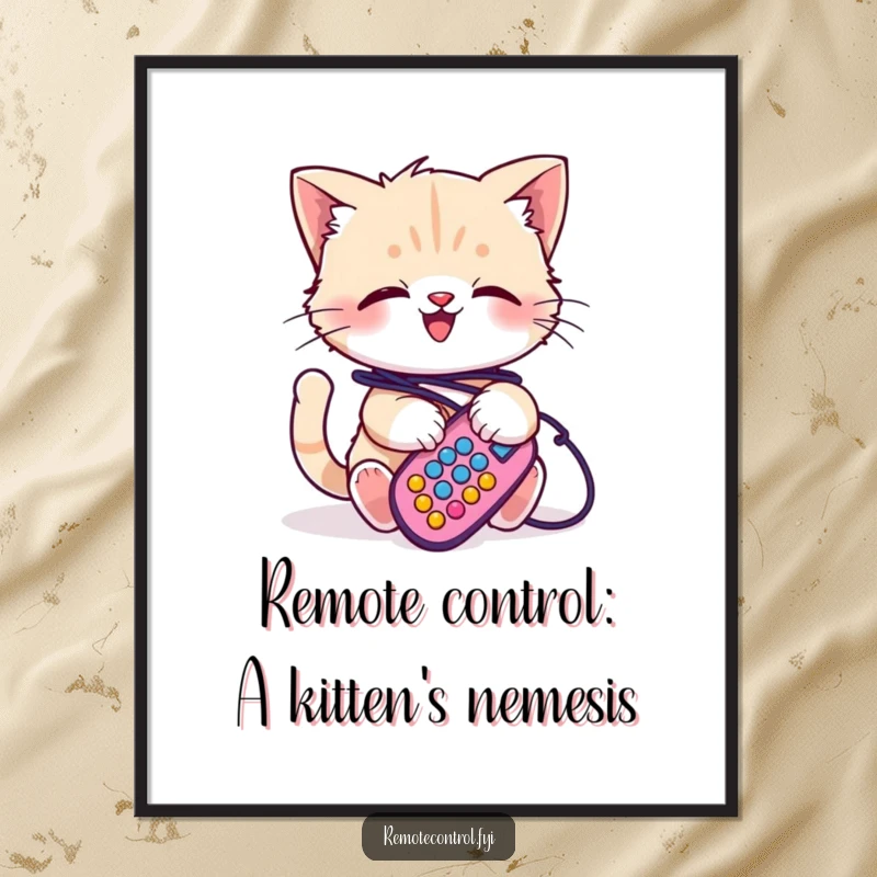 Funny free printable wall art of a giggling kitten hilariously tangled in colorful remote control cords.