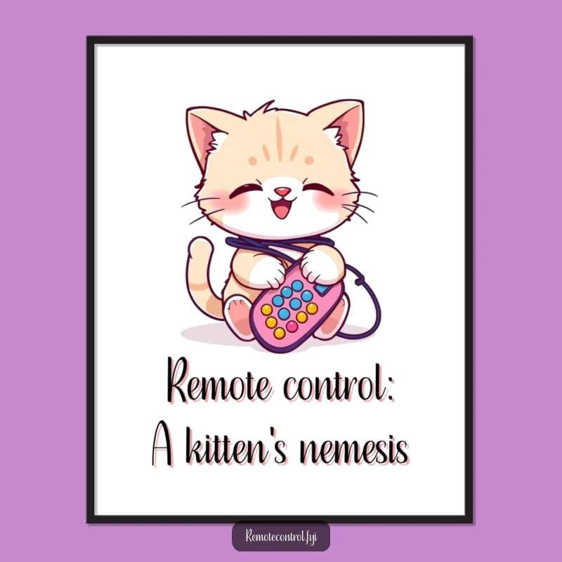 Free Printable Funny Kitten Remote Cord Wall Art - Whimsical Digital Downloadable Decor