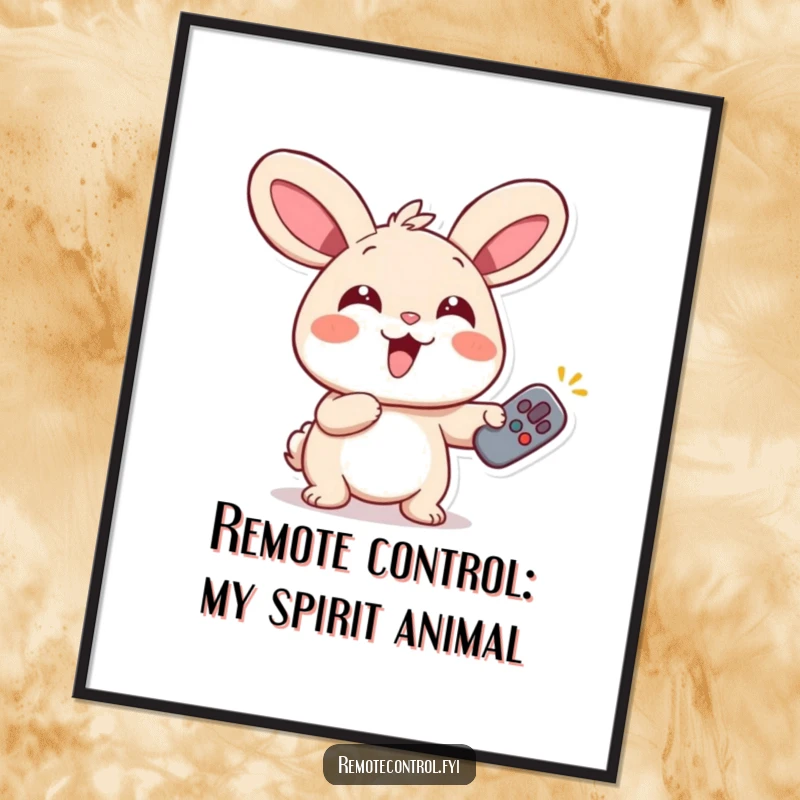 Free printable wall art of a giggling rabbit with wide eyes, enthusiastically pointing a remote control, adding fun to decor.