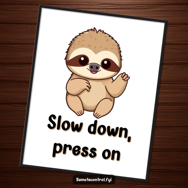 Funny Free Printable Wall Art: A content sloth slowly pushes a button with a single finger, embodying peaceful action.