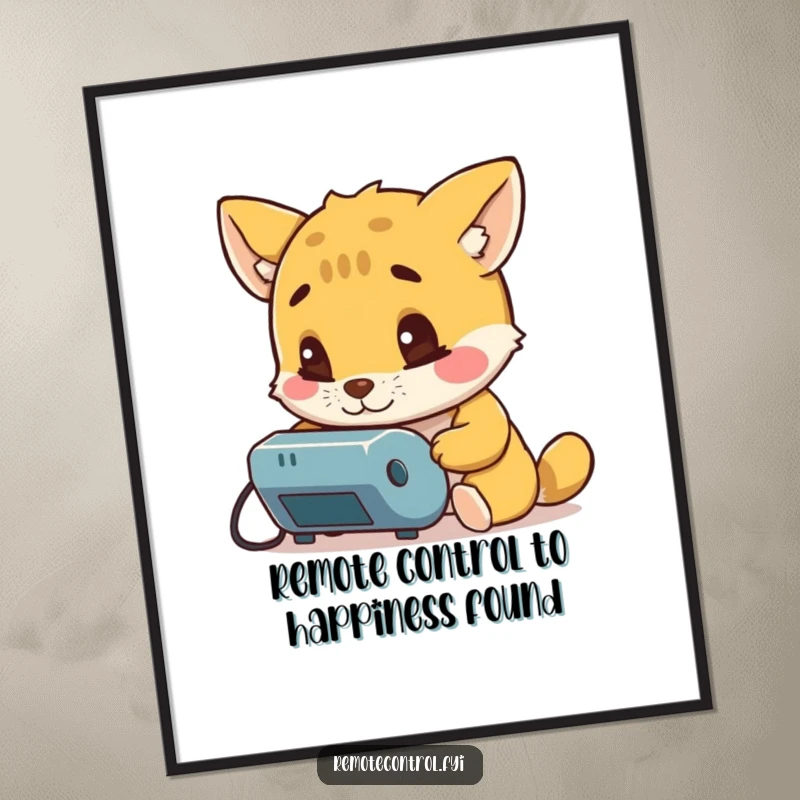 Funny Free Printable Wall Art: Curious animal character intensely examining a remote control with great interest.