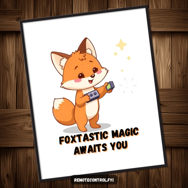 Funny Free Printable Wall Art: A cheerful fox pointing a remote control at a sparkling, distant magical object.