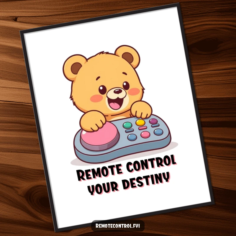 Funny Free Printable Wall Art: A happy bear cub excitedly mashing a giant colorful button on a remote control.