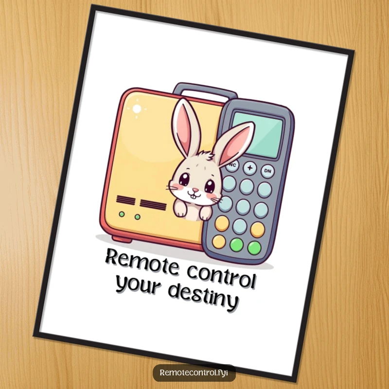 Funny Free Printable Wall Art: Curious bunny peeking from behind a giant, colorful remote control, adding humor.