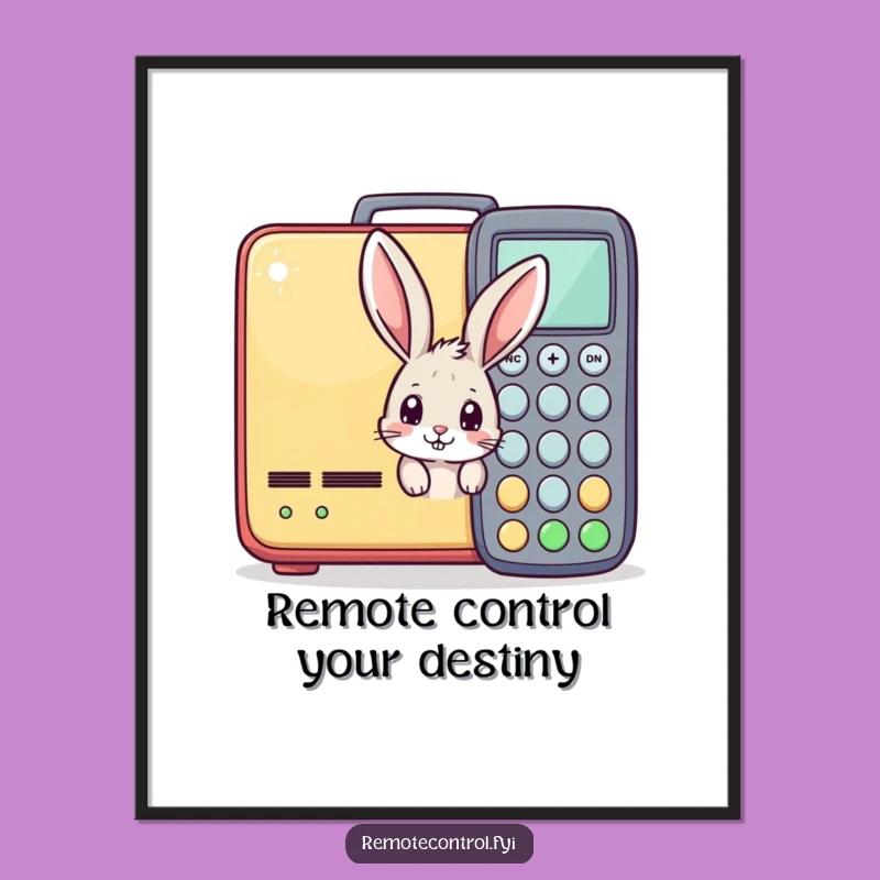 Free Printable Wall Art: Funny Curious Bunny With Giant Remote Control, Downloadable Humor
