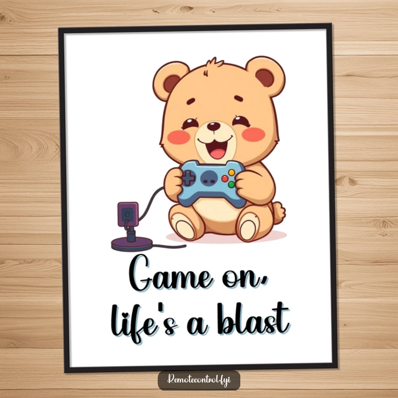 Funny Free Printable Wall Art: A delighted bear cub holding a video game remote, intensely focused on the screen.