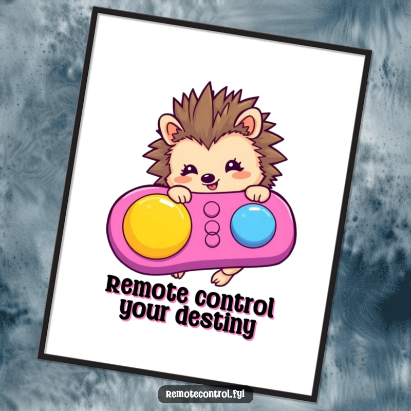 Funny Free Printable Wall Art: A happy hedgehog enthusiastically presses a large button on a colorful remote control, radiating joy.