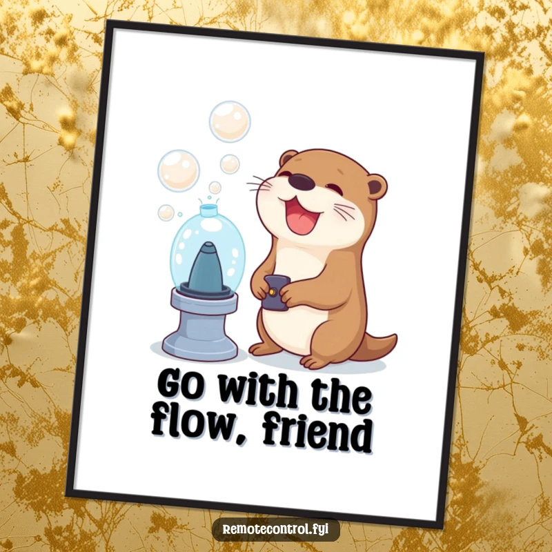 Funny Free Printable Wall Art: A joyful otter character is using a remote control to activate a bubble machine.