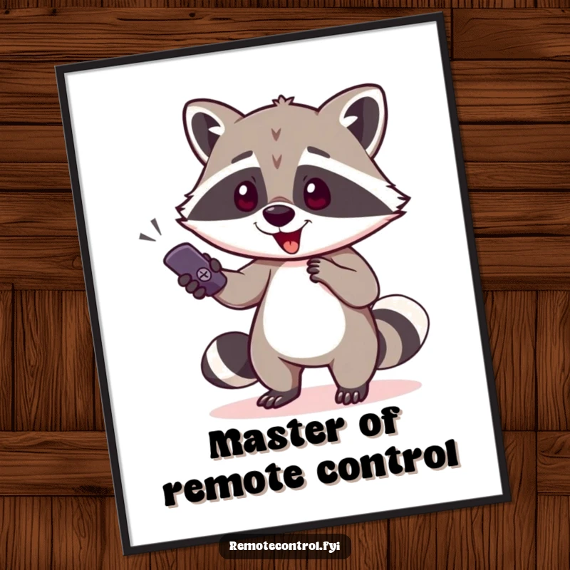 Funny Free Printable Wall Art: A mischievous raccoon character is sneaking away with a remote control.