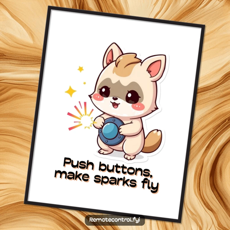 Funny Free Printable Wall Art: Mischievous animal character pressing a button that emits dazzling colorful sparks.