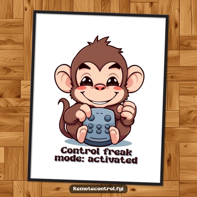 Funny Free Printable Wall Art: Mischievous monkey with a wide grin, humorously acting as a TV remote.