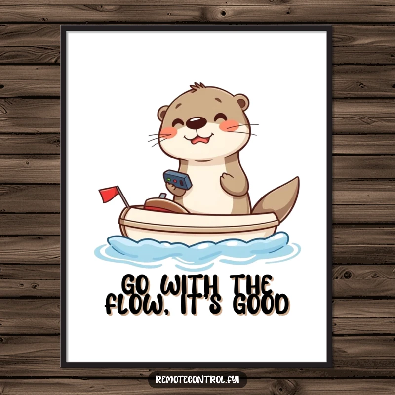 Funny Free Printable Otter Wall Art: Joyful otter using a remote to steer a toy boat, having fun.