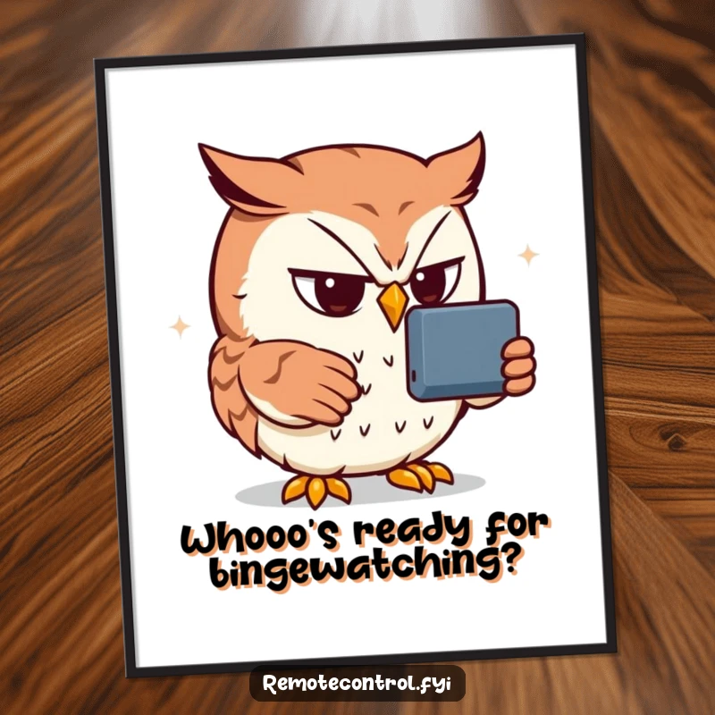 Funny Free Printable Owl Wall Art: Owl intensely focused on a remote control screen, a true TV connoisseur.