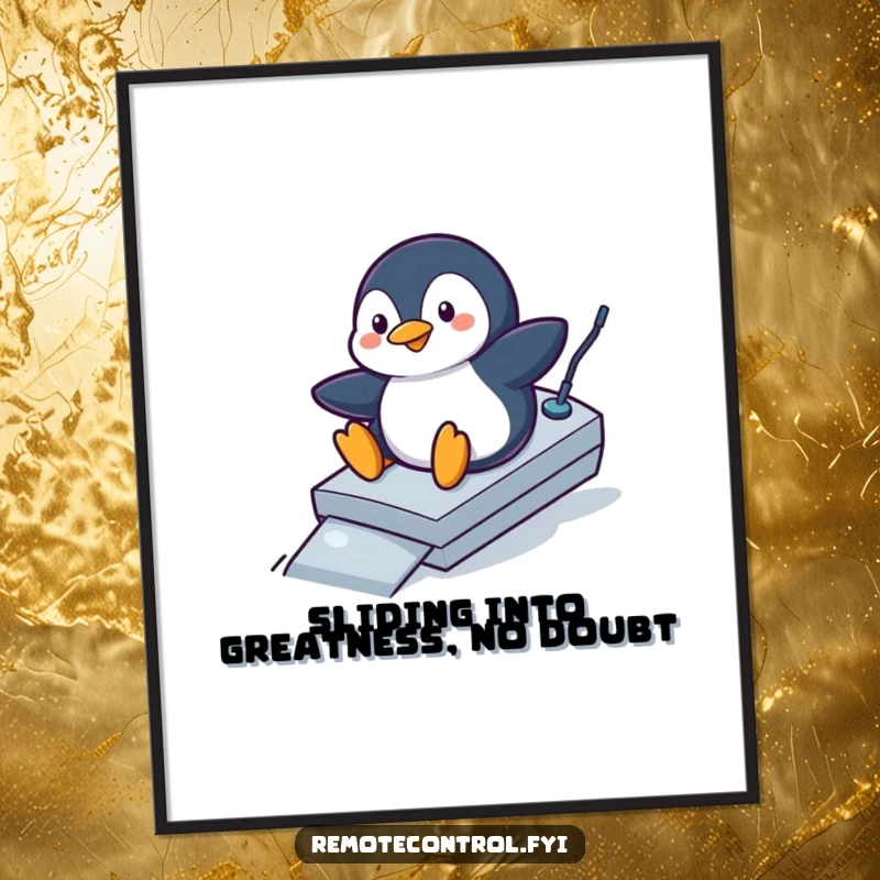 Funny Free Printable Penguin Wall Art: Penguin sliding down a remote control like a ramp, in playful motion.