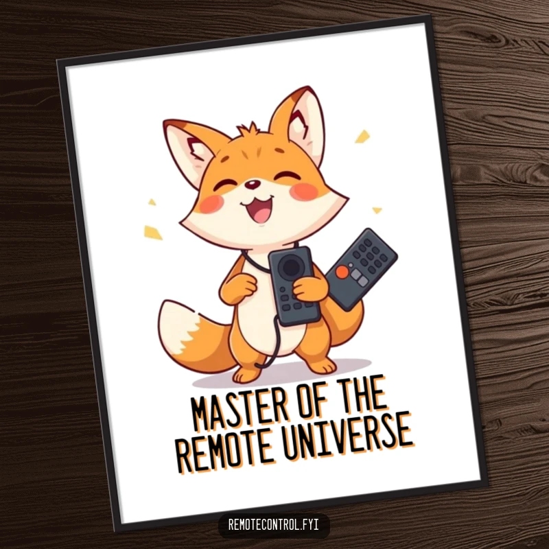 Funny free printable wall art depicting a happy fox with a joyful expression, skillfully juggling two remote controls with impressive dexterity.