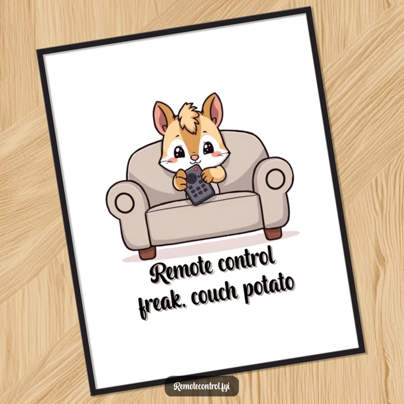 Free Printable Wall Art: A mischievous squirrel hides behind a couch, peeking out with a remote, ready for some fun.