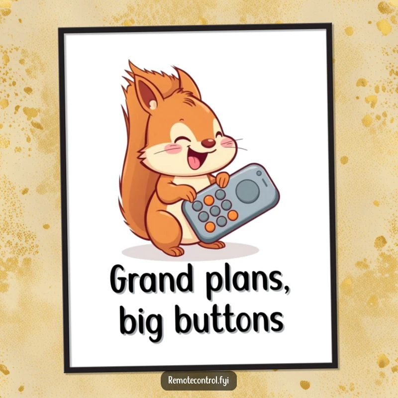 Funny Free Printable Wall Art: A delighted squirrel humorously attempting to operate a giant, oversized remote control.