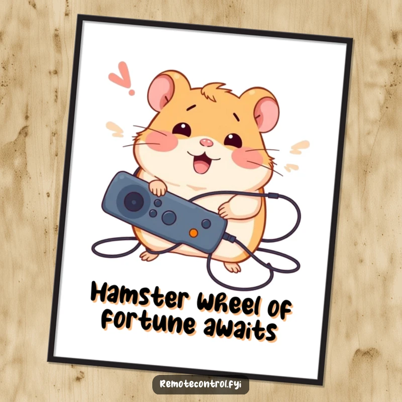 Funny Free Printable Wall Art: A silly hamster tangled in wires, holding a remote and sighing happily.