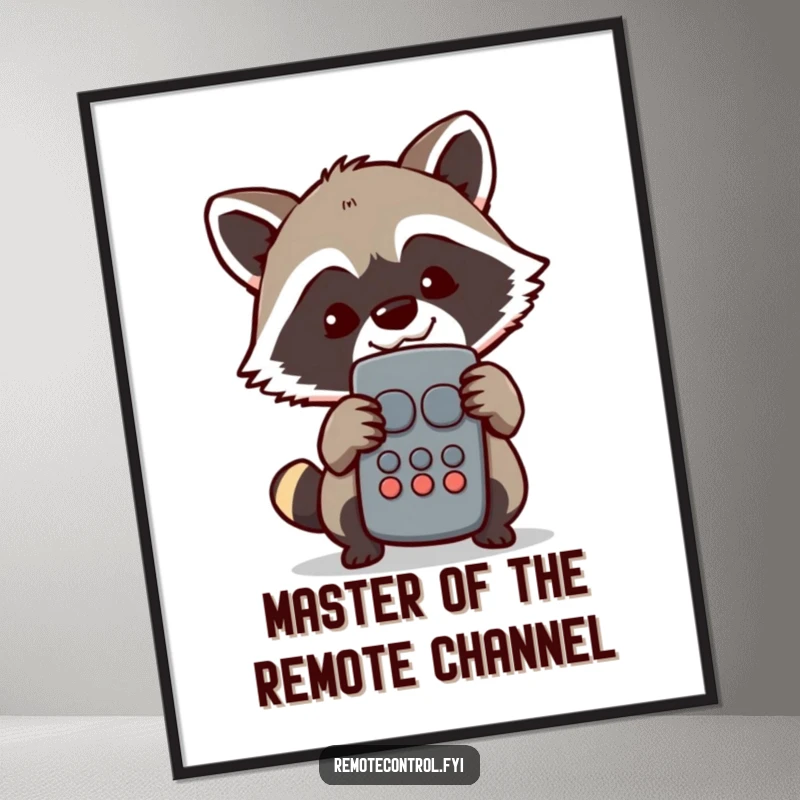 Funny Free Printable wall art of a mischievous raccoon character hiding behind a remote control with a sly, grinning expression.