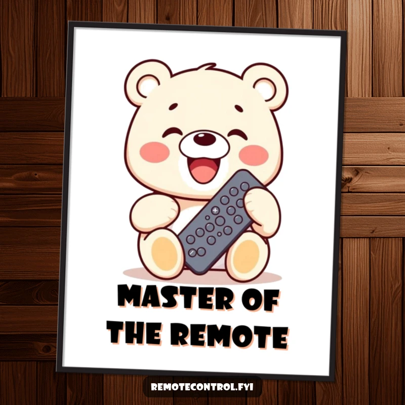 Funny Free Printable wall art featuring a kawaii bear grinning widely, holding a remote control covered in buttons, radiating pure happiness.