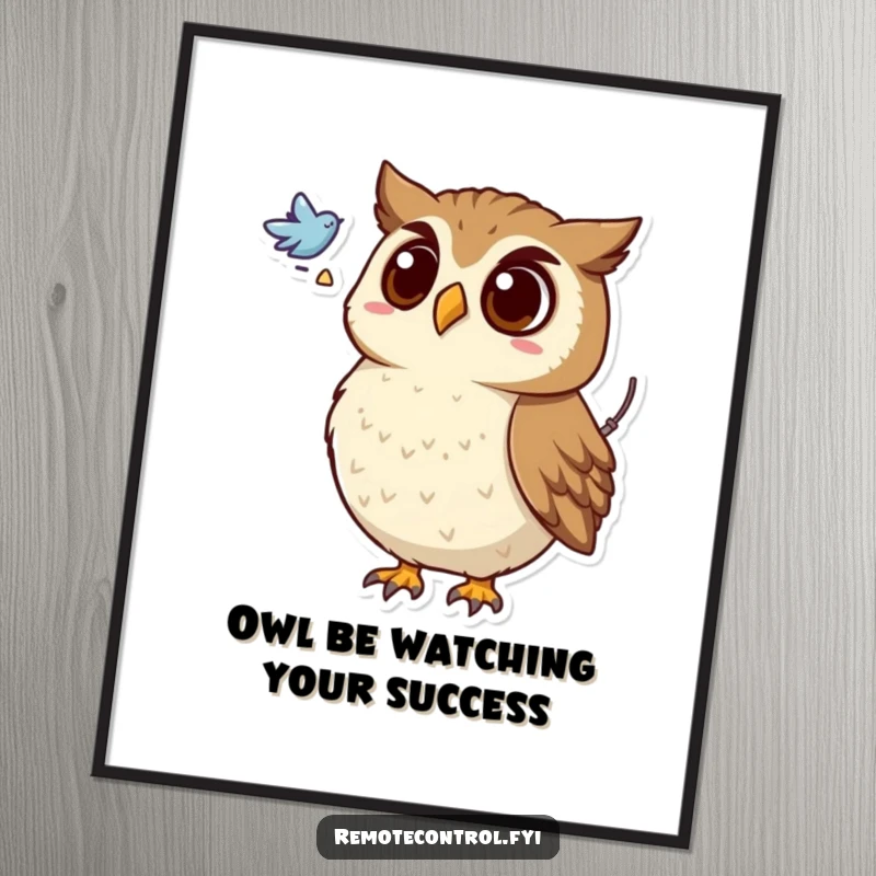 Funny Free Printable Wall Art: A surprised owl with a remote in its wing, looking up at a flying symbol.