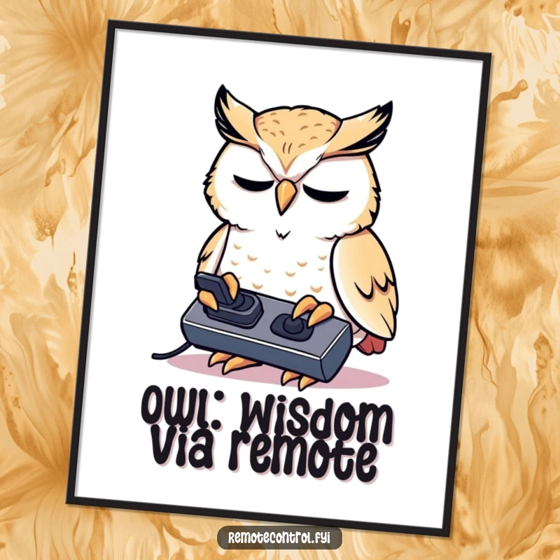 Funny Free Printable Wall Art: A kawaii owl intensely concentrates on a remote control, showcasing focused wit.