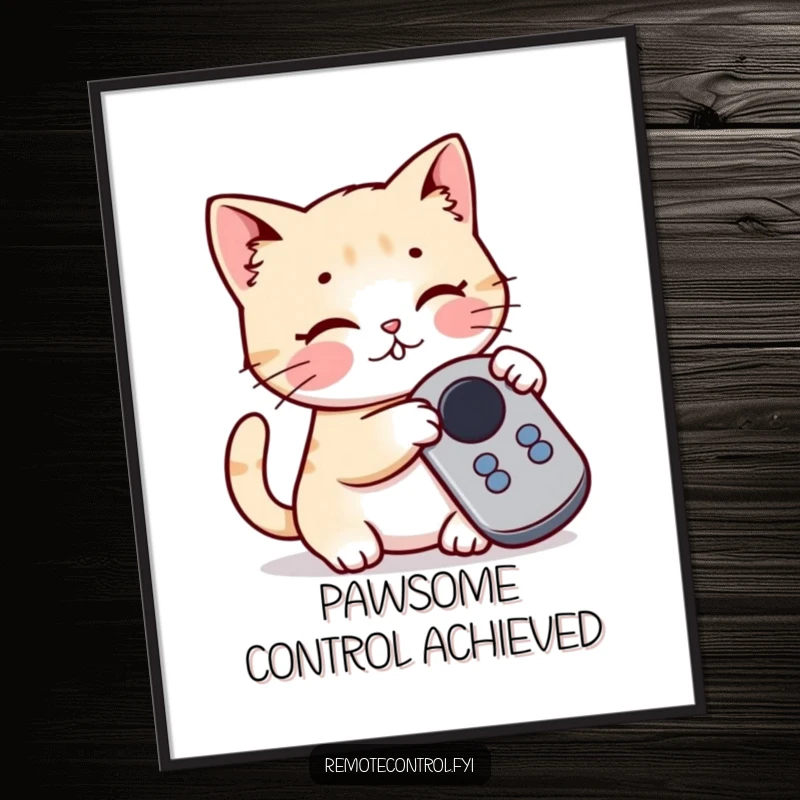 Funny Free Printable wall art featuring a cute kawaii cat batting playfully at a remote control button, adding a touch of feline whimsy.