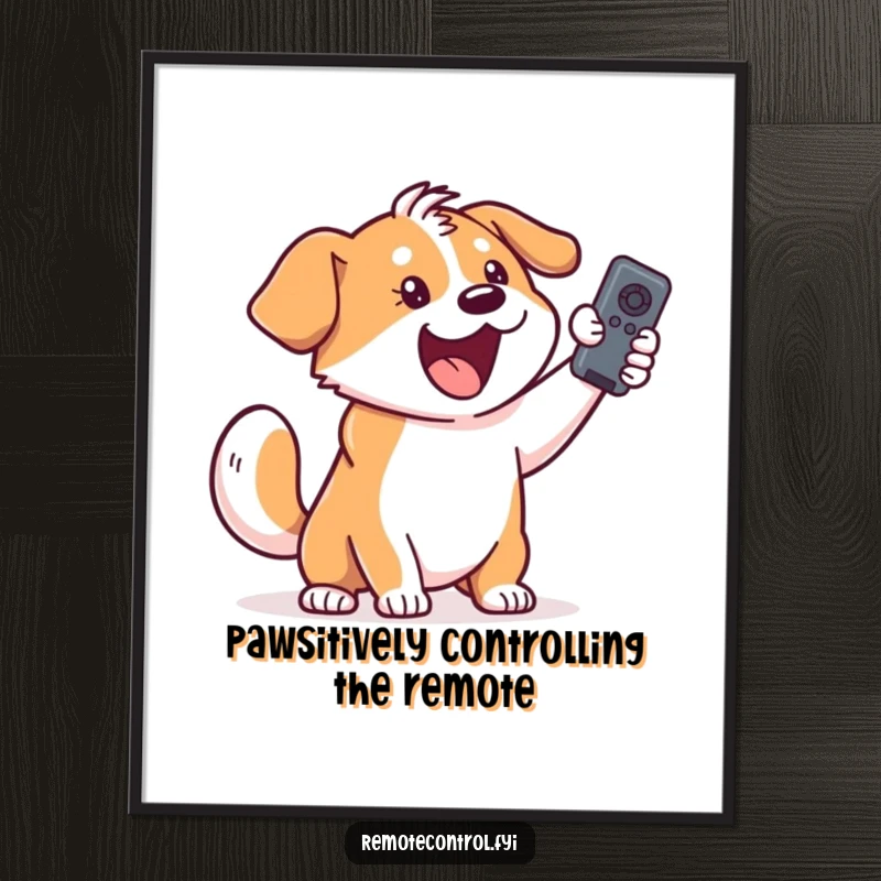 Funny Free Printable Wall Art: An excited dog with its tail wagging furiously, holding a remote control aloft. Humorous downloadable art.