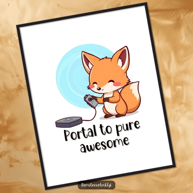 Funny Free Printable Wall Art: Curious fox holding a remote, pointing it at a mesmerizing, swirling portal.