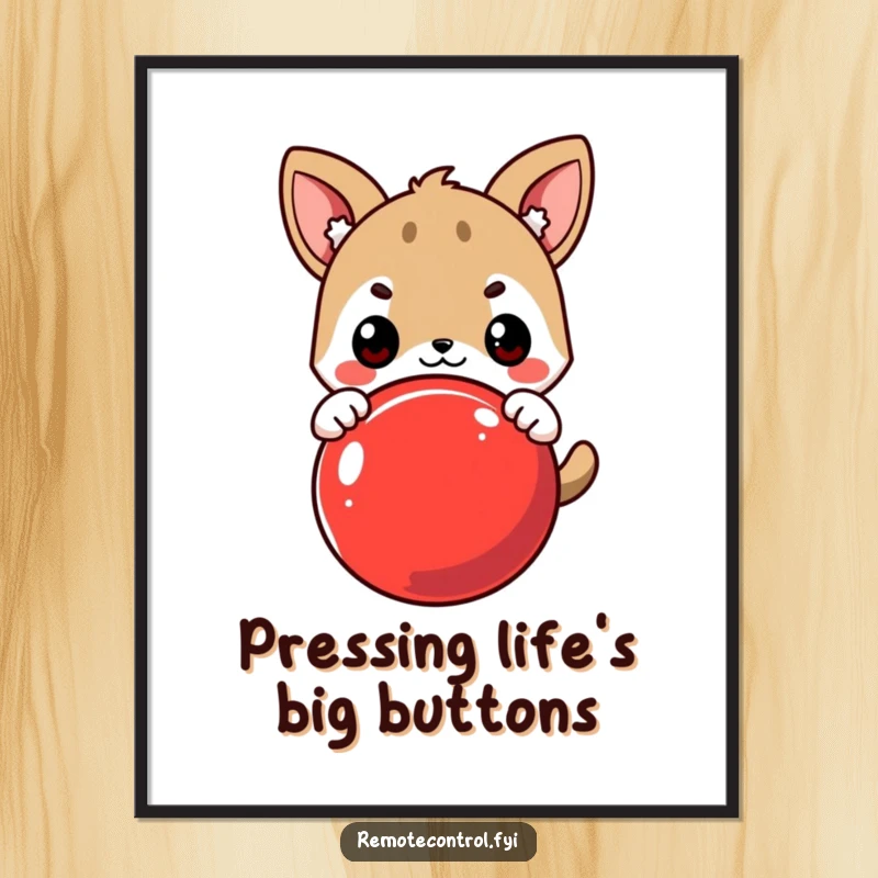 Funny Free Printable Wall Art: Cute animal eagerly pressing a large red button with a determined expression.