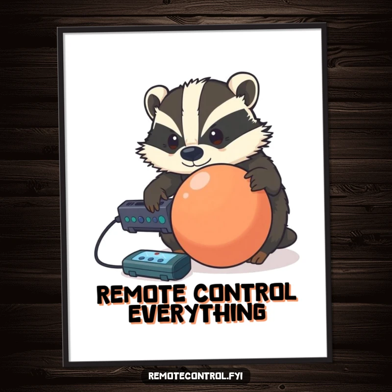 Funny Free Printable Wall Art: A determined badger tries to control a rolling ball with a remote, showcasing its tech-savvy side.
