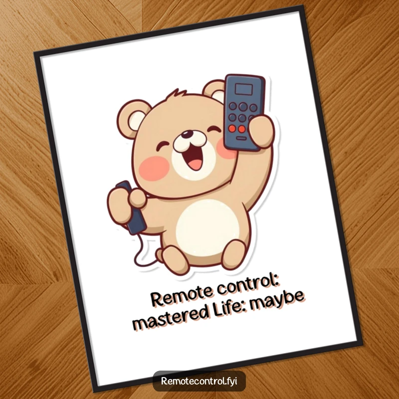 Funny free printable wall art depicting a delighted bear holding a remote control upside down, looking content with his comical error.