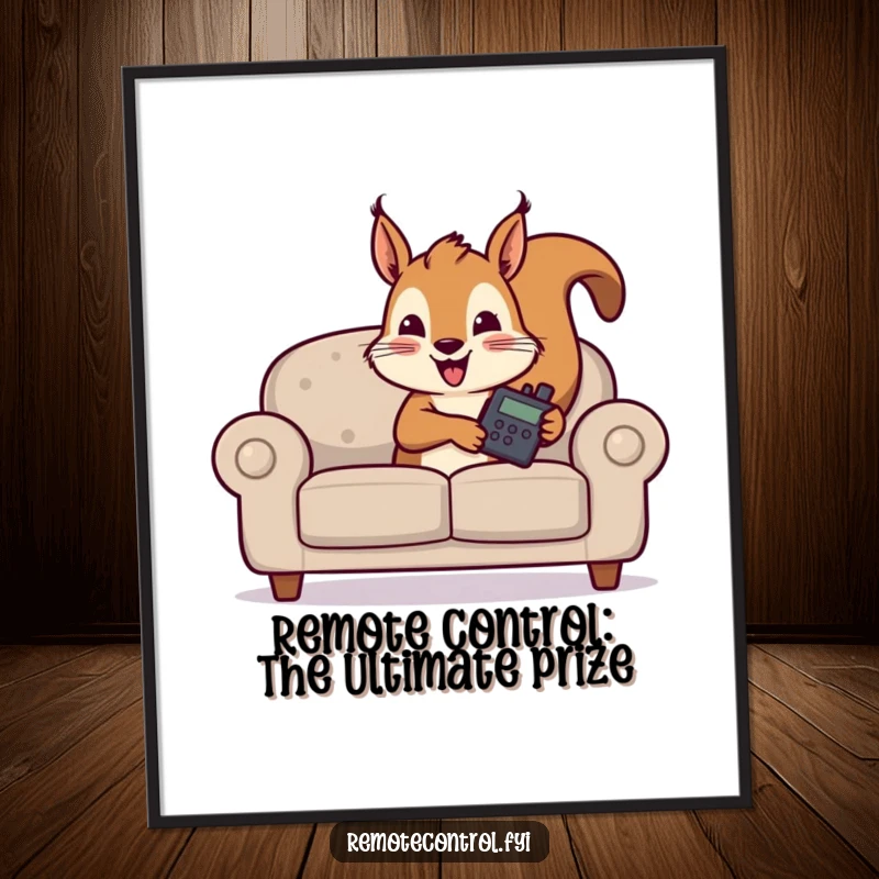 Funny Free Printable Wall Art: A mischievous squirrel peeking from behind a sofa, holding a TV remote, ready for a cozy night in.