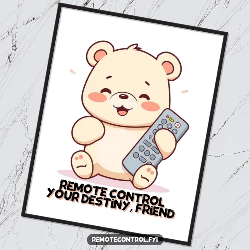 Funny Free Printable Wall Art: A happy bear cub engrossed in pressing buttons on a giant remote control. Humorous downloadable art.
